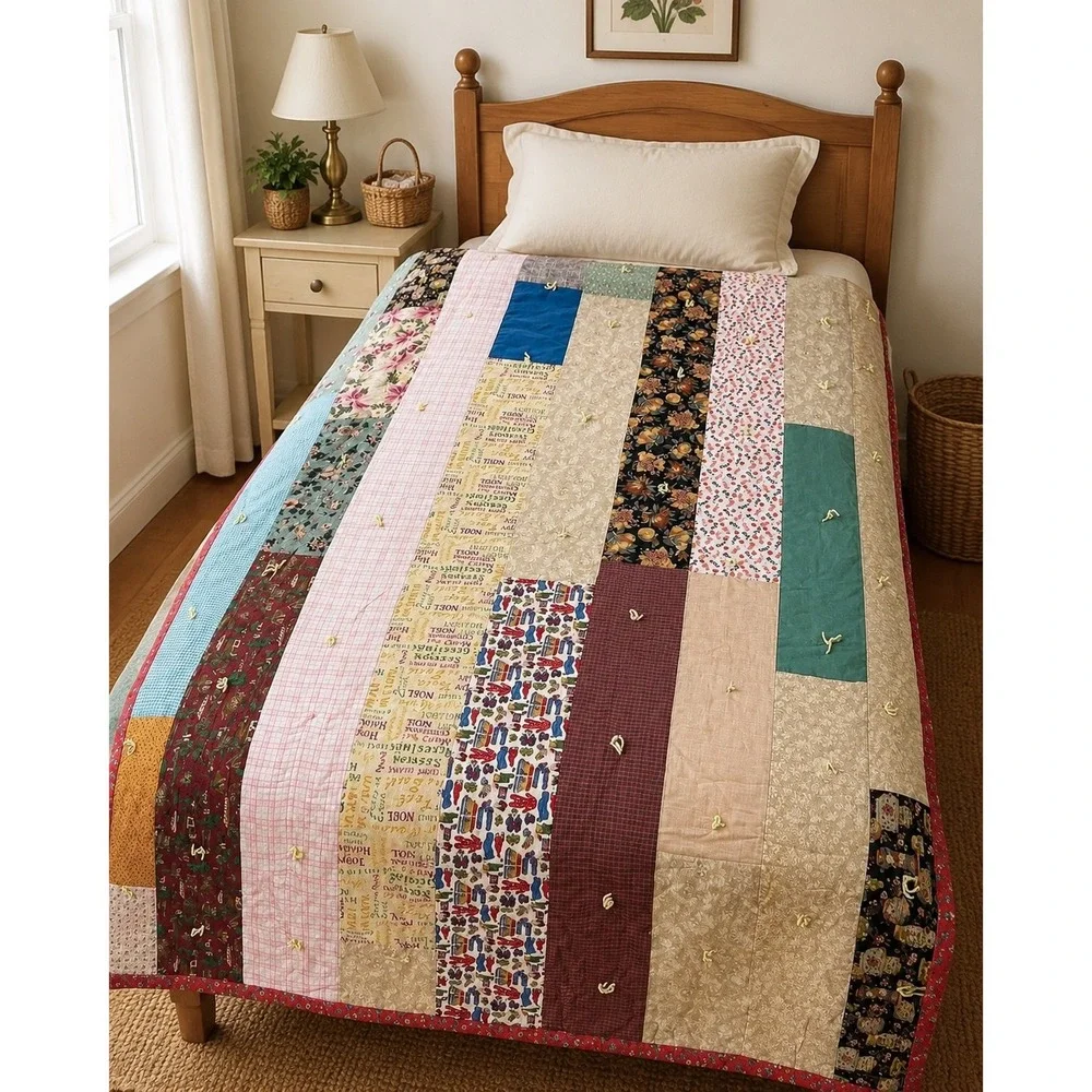 Handmade Twin Strip Quilt Scrappy Tied Patchwork Cottage 52x80